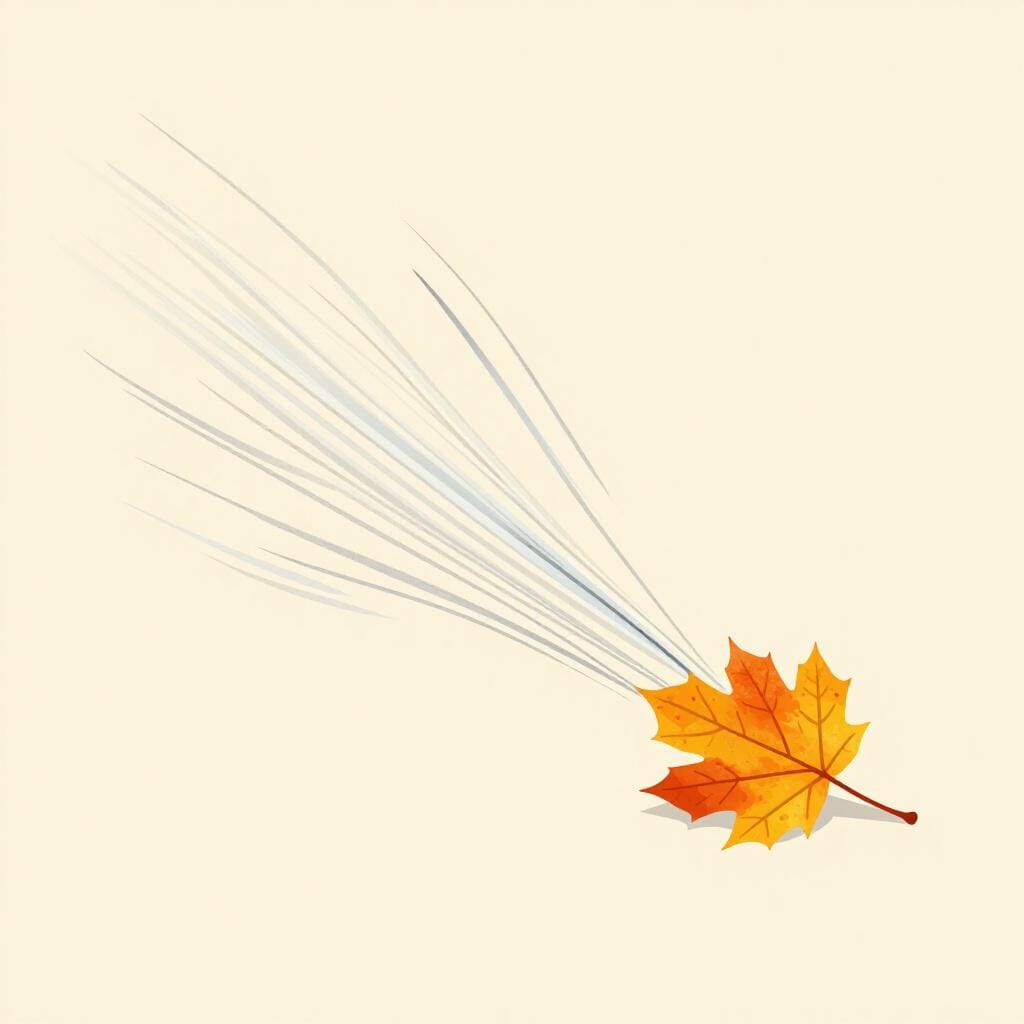 A strong gust of wind shown as flowing lines pushing a single brightly colored autumn leaf, illustrating a factor causing an effect.