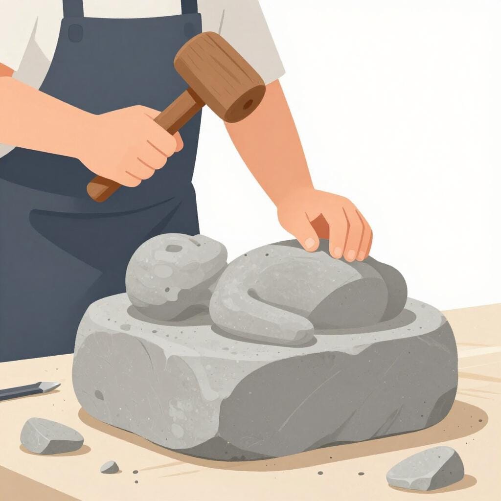 Um escultor a trabalhar com um cinzel numa grande pedra para criar uma estátua.