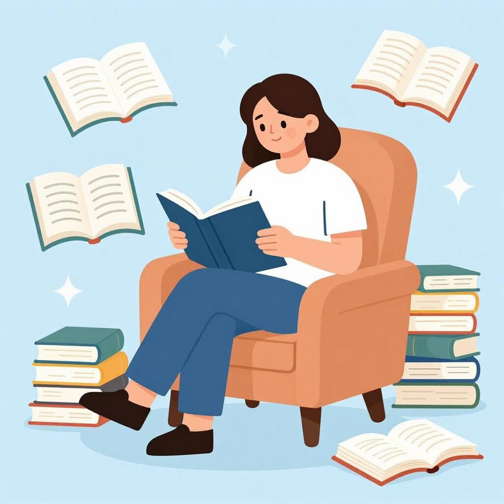 Eine Person, die in einem großen Sessel sitzt, umgeben von hohen Stapeln offener Bücher, und eine Lupe hält.