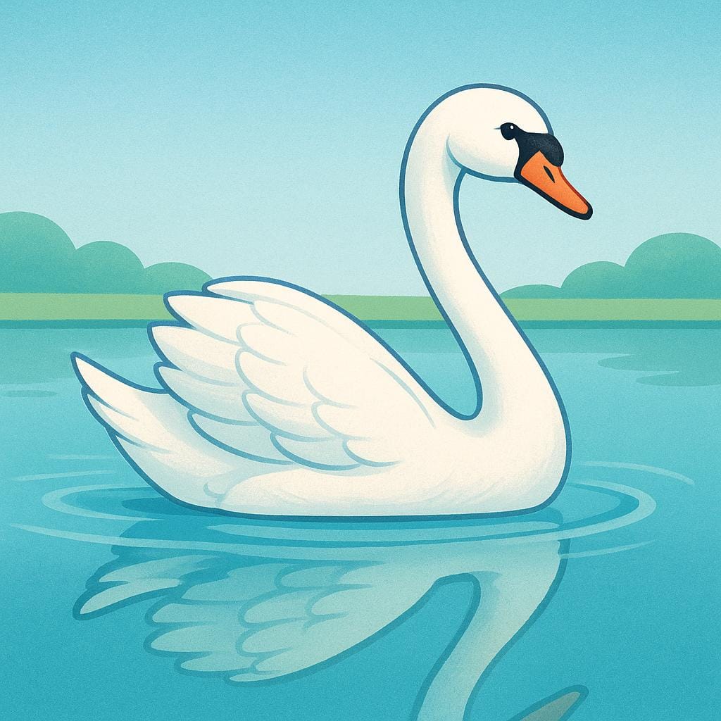 A graceful white swan with its neck arched, gliding smoothly across a still, dark blue pond.