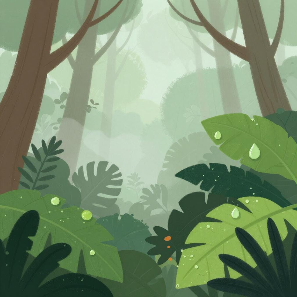 A lush tropical forest with thick mist and heavy water droplets on large green leaves.