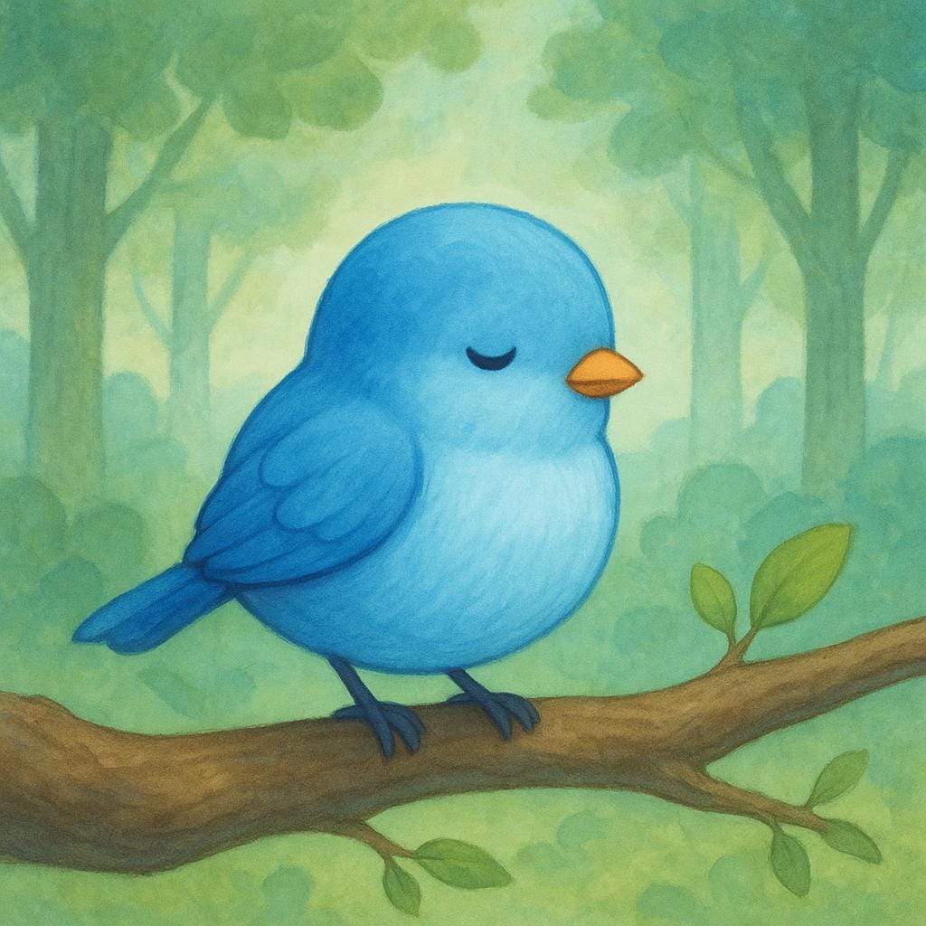 A small bird sitting on a branch with its beak closed in a quiet forest.