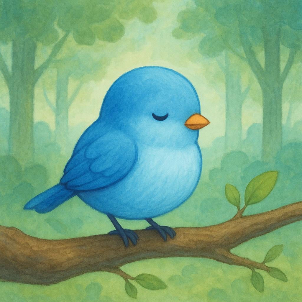 A small bird sitting on a branch with its beak closed in a quiet forest.