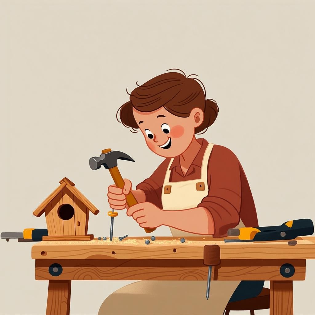 A cheerful person sitting at a small wooden workbench, actively hammering a nail into a wooden object, symbolizing the ongoing action of 'working'.