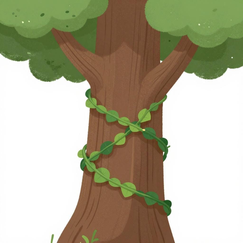 A vine tightly coiled around a tree trunk, illustrating parasitic behavior.