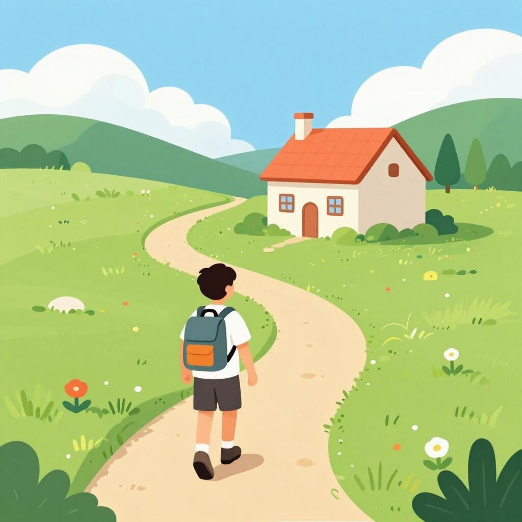 A traveler with a backpack walking back towards a small, cozy house on a hill.