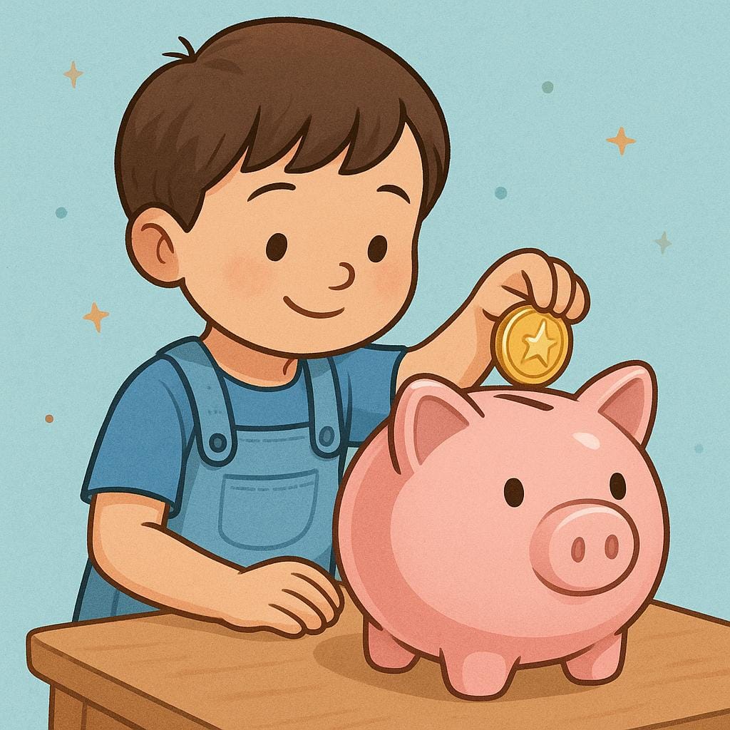 Ein lächelndes Kind legt vorsichtig eine glänzende Goldmünze in ein großes, rosa Keramik-Sparschwein und symbolisiert das Sparen von Geld.