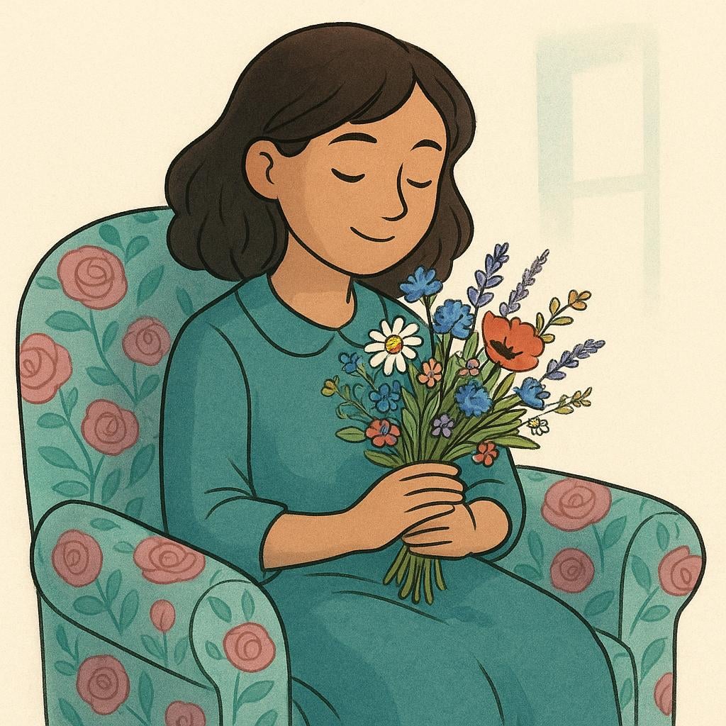 A young woman sitting in an armchair, holding a bouquet of wildflowers close to her chest with a sentimental expression.