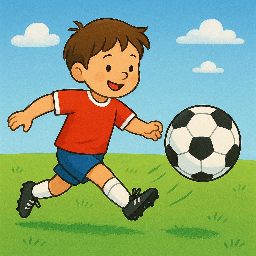 Un bambino giovane ed energico in una divisa da calcio rossa calcia un pallone da calcio dai colori vivaci su un campo verde brillante.