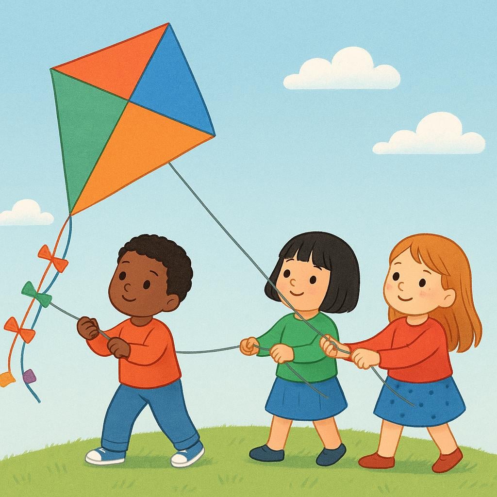 Three children holding the strings of a large, steady kite in the sky.