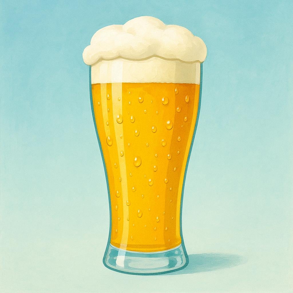 A tall, clear glass filled with golden beer, topped with a thick layer of white foam, sitting on a simple surface.