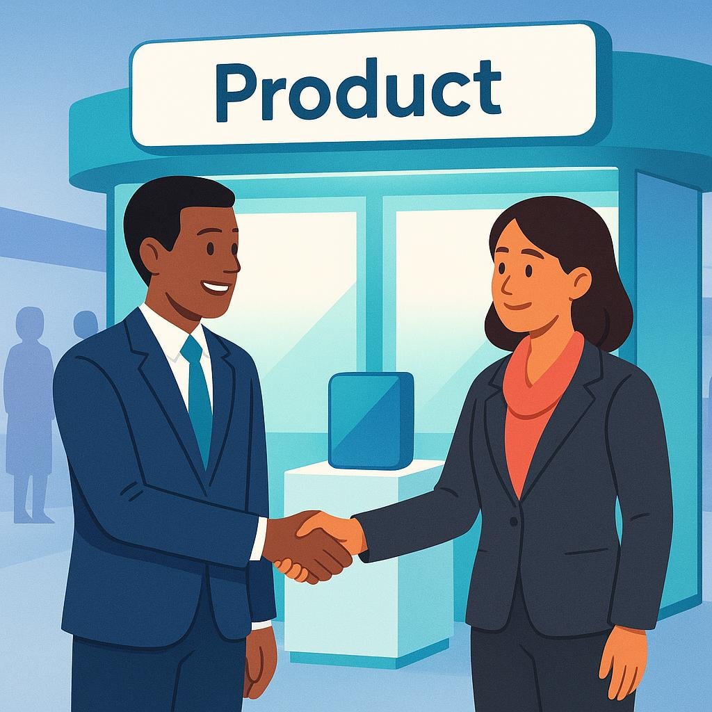 Two professionals in simple business attire shaking hands enthusiastically in front of a sleek, colorful trade show booth.