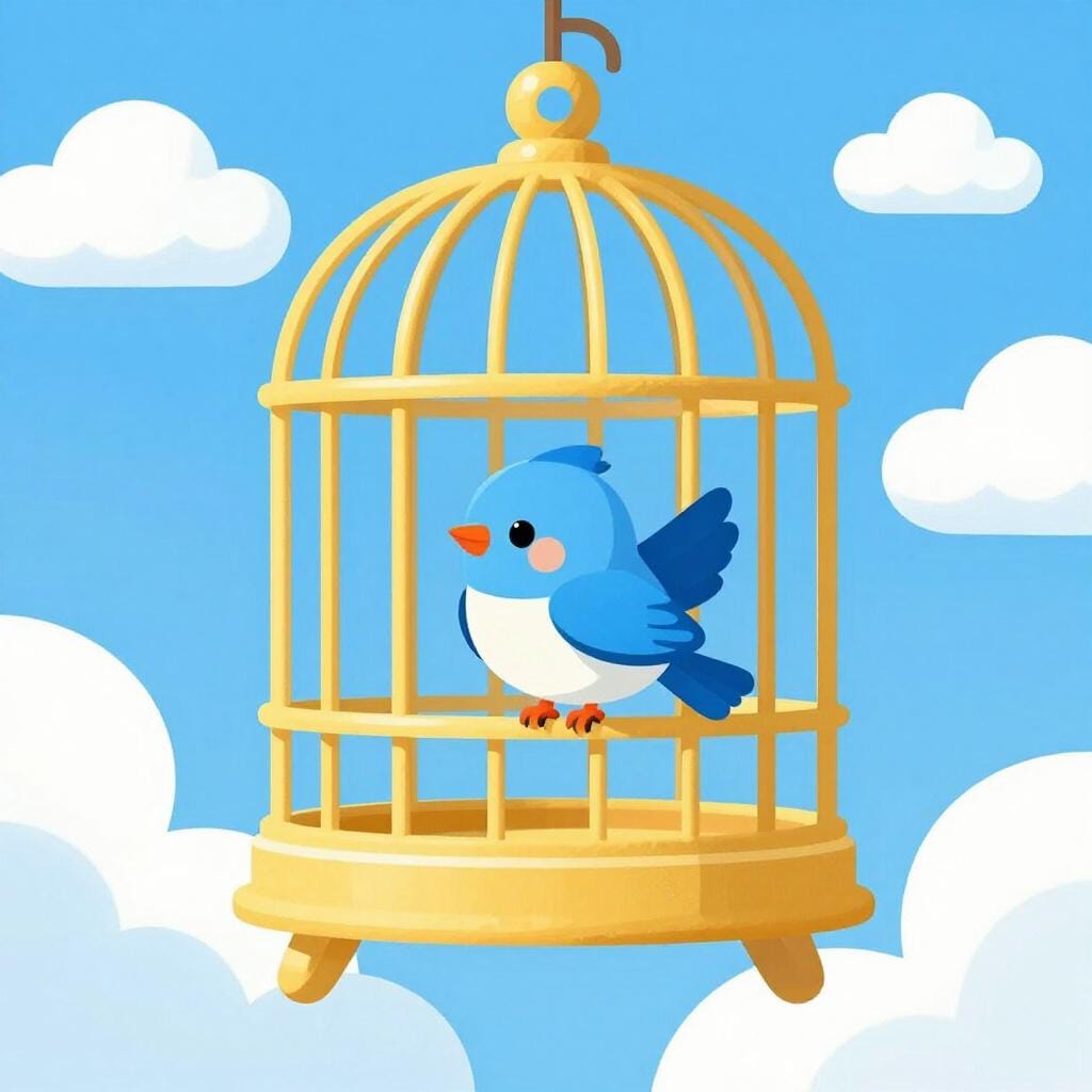 開いた金色の鳥かごから明るい青空へ飛び立つ鳥。
