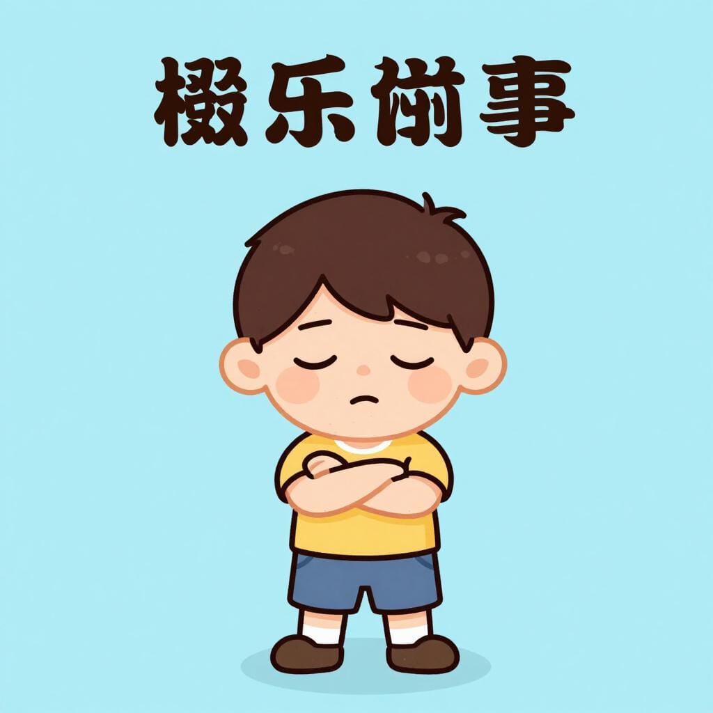 팔짱을 끼고 눈을 꼭 감은 채 고개를 가로젓는 아이.