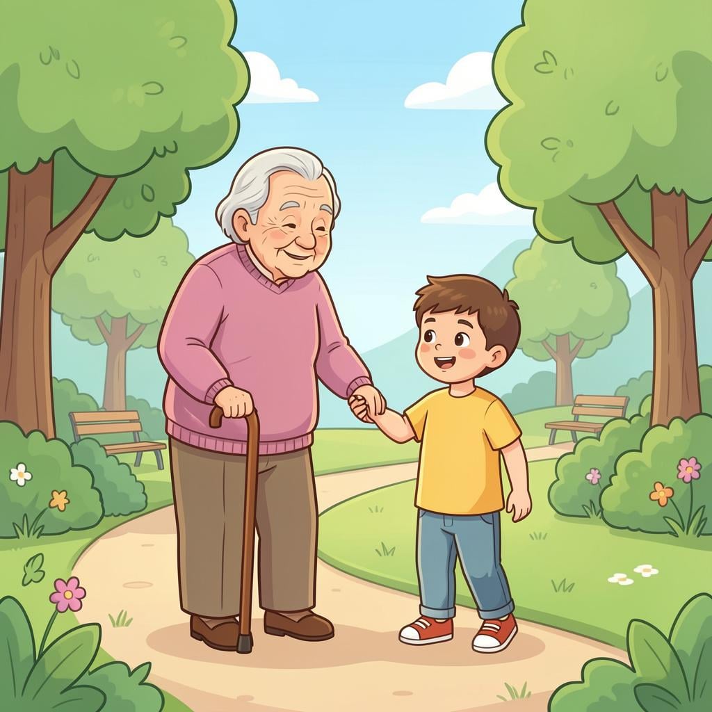An elderly person being helped across a street by a kind child, showing a scene of honor and esteem.