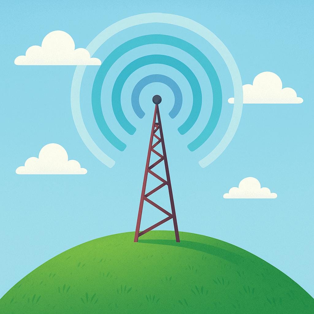 A tall radio tower standing on a hill, sending out visible, stylized sound waves into the air.