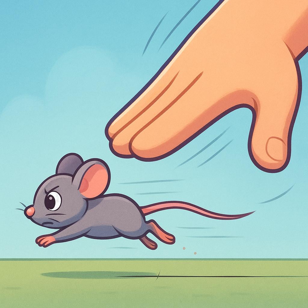 A tiny cartoon mouse diving through a narrow gap just as a large hand tries to catch it. A single strand of hair is stretched across the gap, illustrating the narrow margin of escape.
