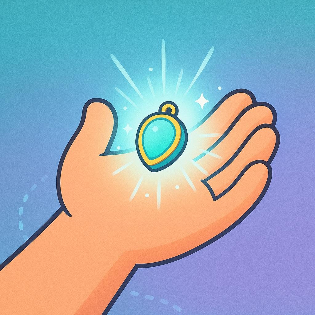 Une main humaine stylisée tenant avec succès un objet brillant, précédemment perdu, illustrant l'action terminée de récupération.