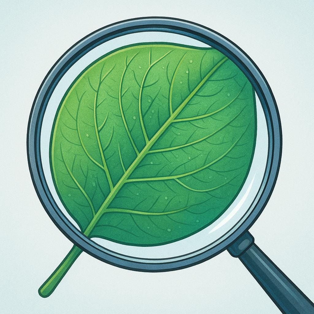 A close-up view of a green leaf showing its detailed veins under a magnifying glass, emphasizing a small, specific element.
