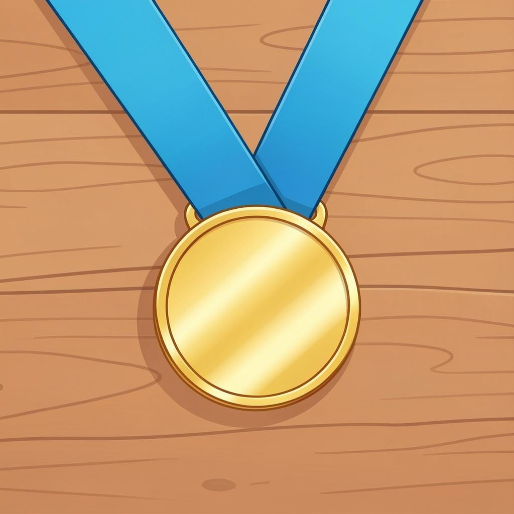 Uma medalha de ouro brilhante com uma fita azul repousando sobre uma superfície de madeira polida.