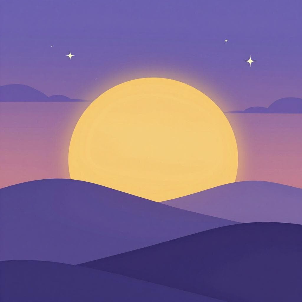 Uma cena pacífica ao entardecer com um sol dourado se pondo sobre colinas ondulantes e um céu roxo.