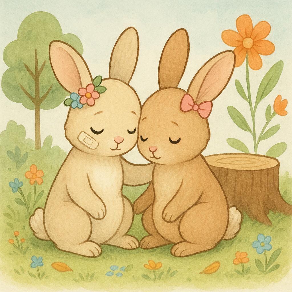 Two small, cartoon-style female rabbits sitting side-by-side in a field. Both rabbits have a small white bandage wrapped around one of their ears, indicating injury.