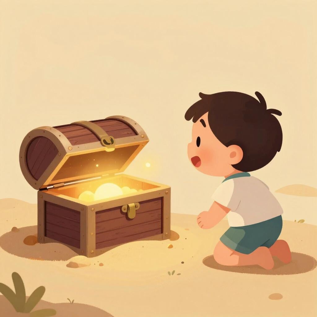 A child smiling after finding a glowing treasure chest partially buried on a beach.