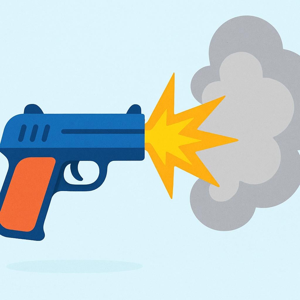 A stylized, simple drawing of a handgun pointed right. A bright yellow muzzle flash and a large puff of gray smoke are clearly visible emanating from the barrel, illustrating a gunshot.