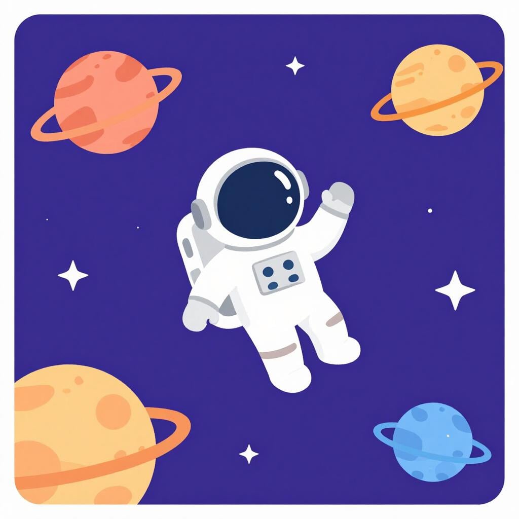 Ein kleiner Astronaut schwebt friedlich im lebendigen Weltraum, gefüllt mit bunten Planeten und funkelnden Sternen.