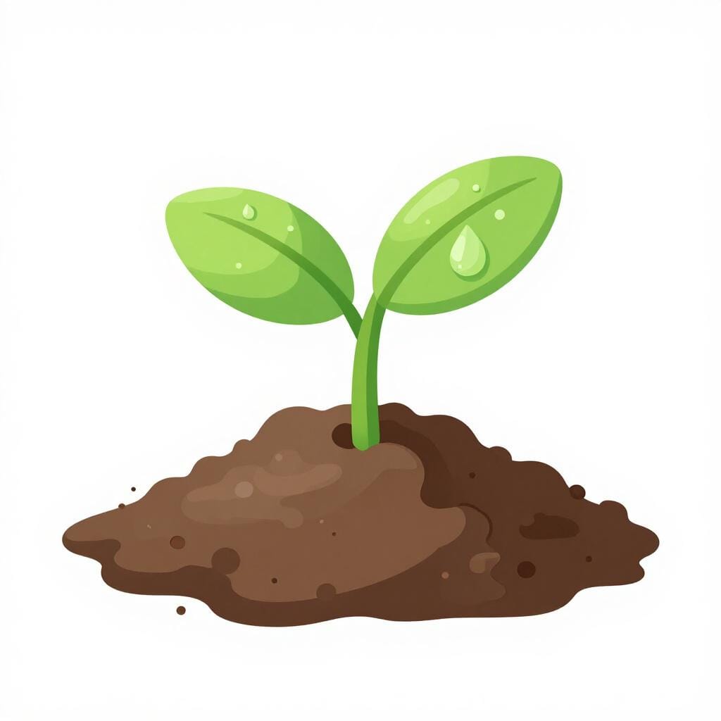 A bright green plant sprout growing quickly out of rich brown soil.