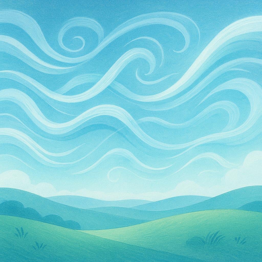 Gentle, swirling currents of blue and white air moving across an open field.