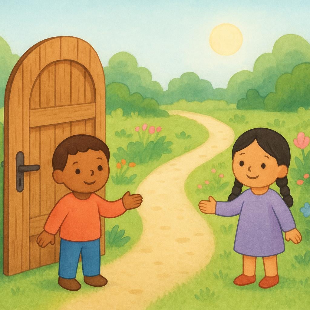 Two small figures stand next to a wide-open, welcoming wooden gate that leads into a sunny garden path, symbolizing permission or allowing access.