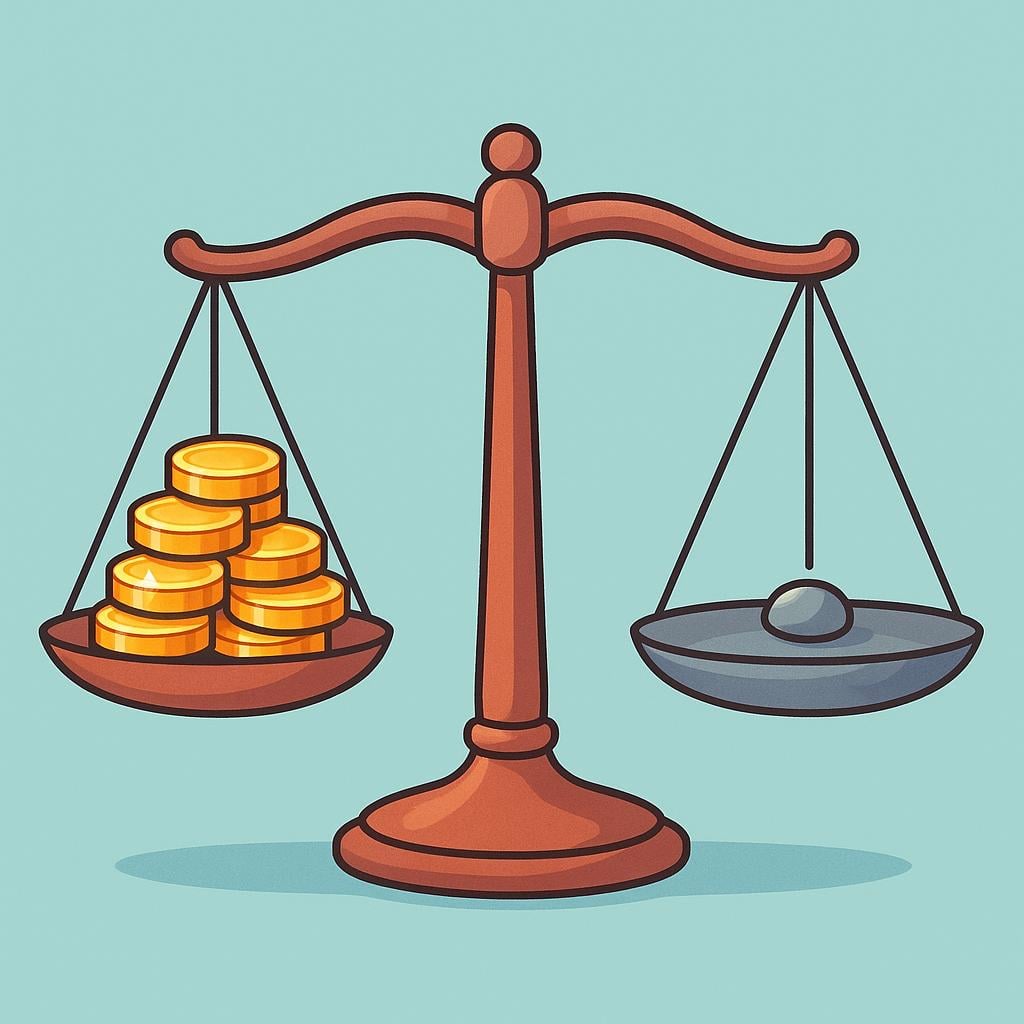 A balance scale tilted sharply down on one side due to a pile of gold coins, symbolizing an advantage or benefit.