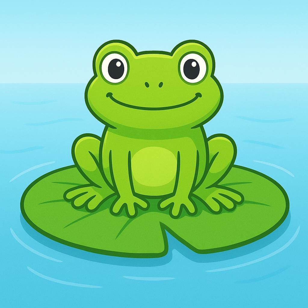 A bright green frog with large eyes sitting peacefully on a large, round green lily pad floating on still water.