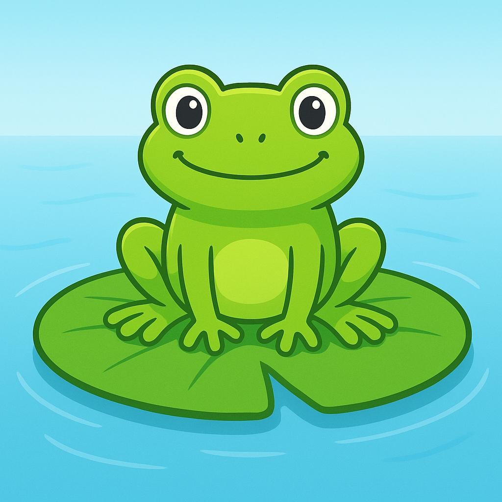 A bright green frog with large eyes sitting peacefully on a large, round green lily pad floating on still water.
