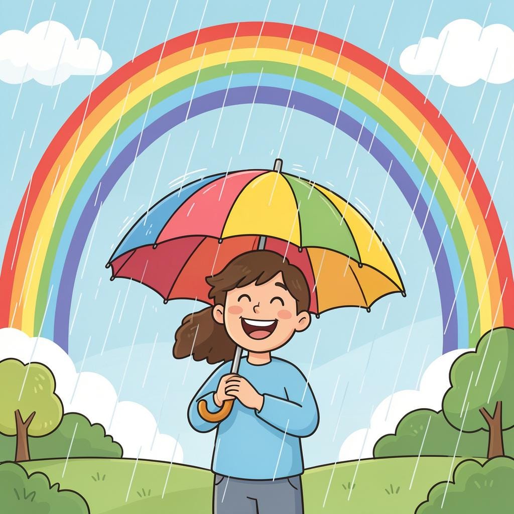 A person with a wide smile standing in the rain while holding a colorful umbrella and looking at a rainbow.