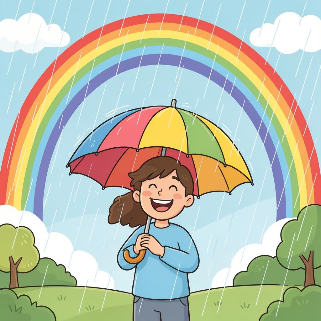 A person with a wide smile standing in the rain while holding a colorful umbrella and looking at a rainbow.