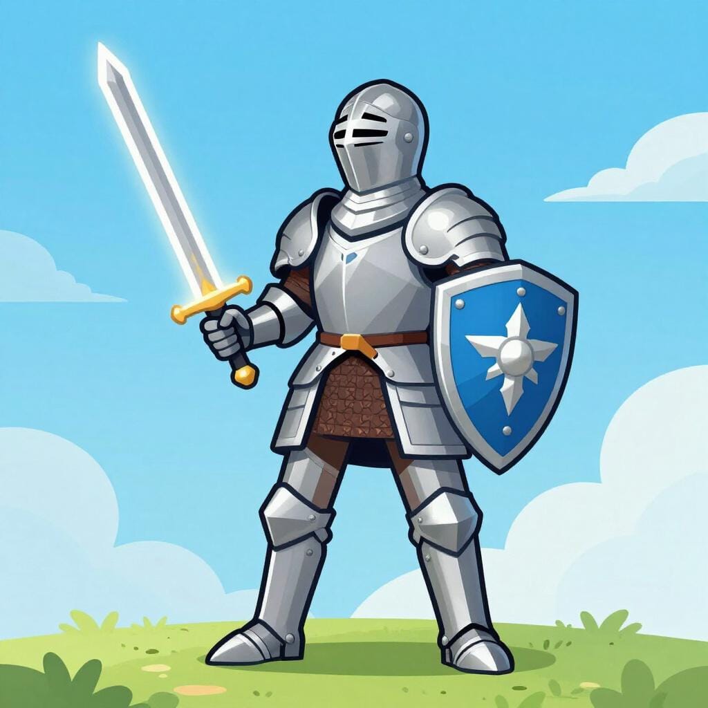 A noble knight standing tall with a shield and a raised sword, looking determined to right a wrong.