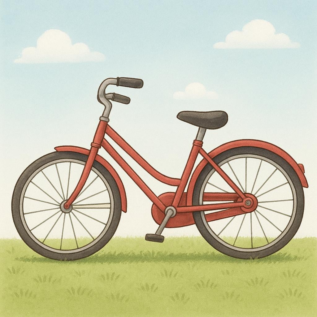 A simple, slightly faded red bicycle resting on a green lawn, illustrating the concept of being second-hand.