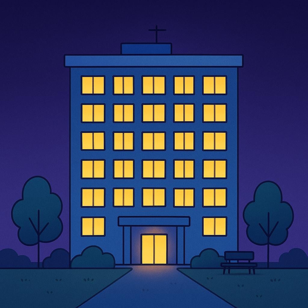 A brightly lit office building standing tall against a dark night sky, showing people working late.