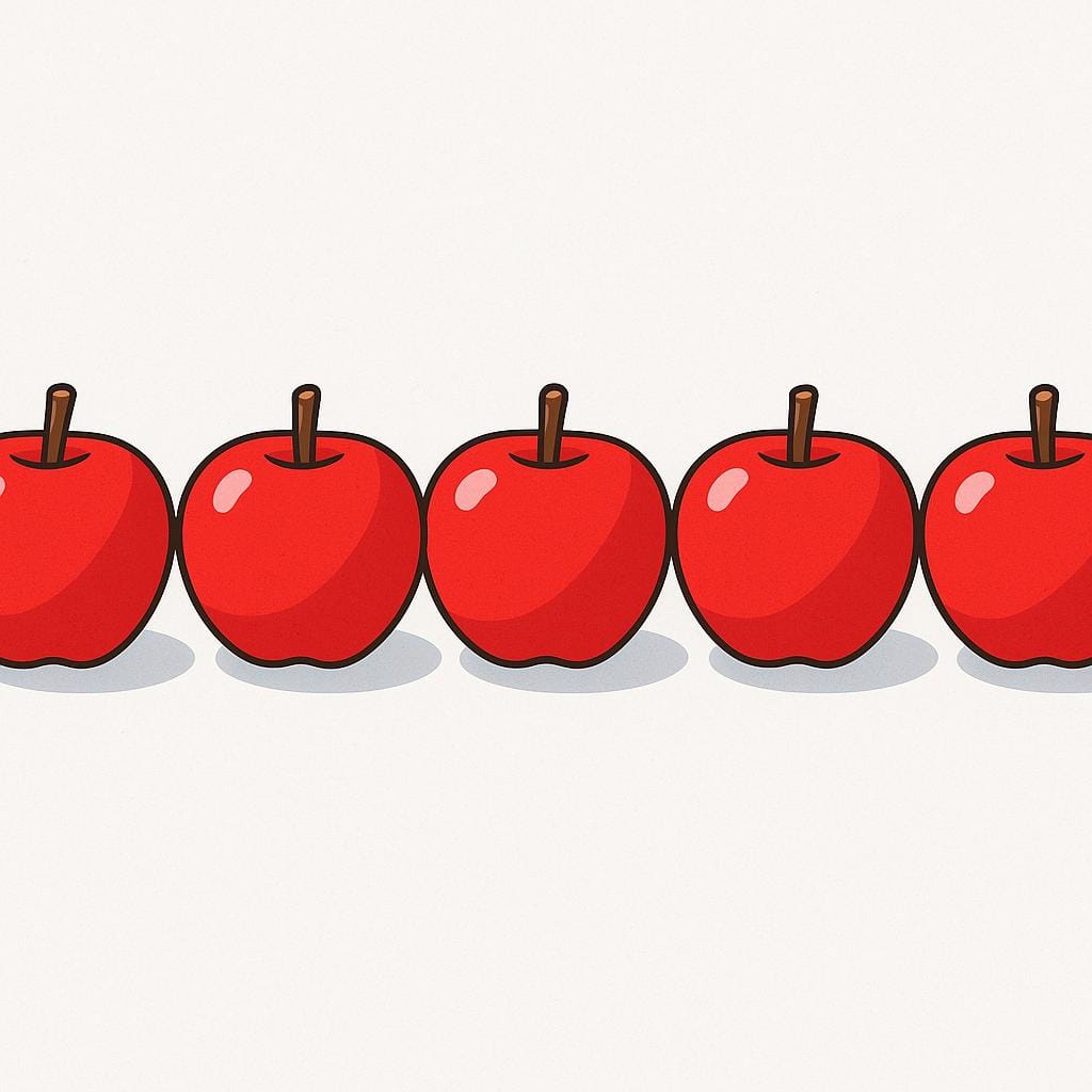 A row of five identical, simple red apples lined up neatly, illustrating a typical or standard example.