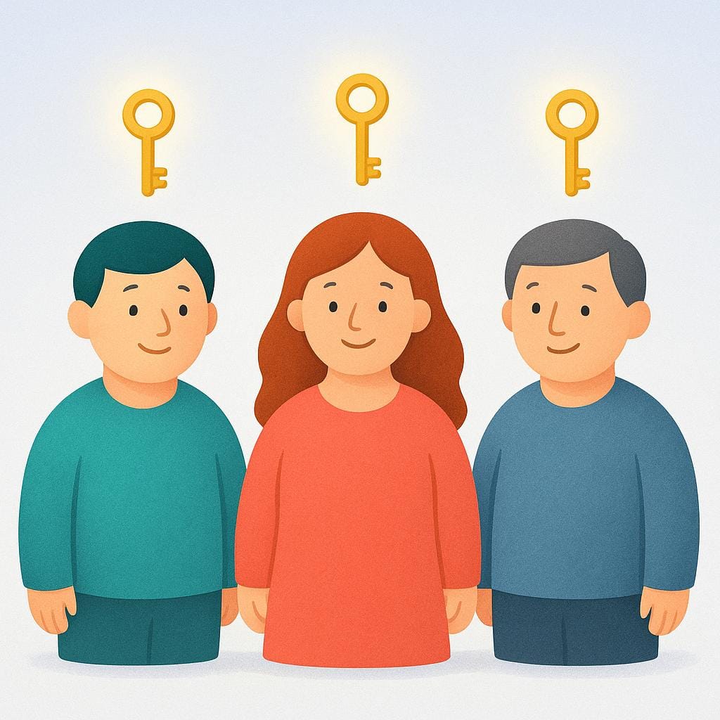 세 명의 스타일화된 인물이 나란히 서 있는 모습. 각 인물의 머리 위에는 작고 동일하며 빛나는 황금 열쇠가 나타나, 공유된 기억이나 지시를 동시에 상기하는 행위를 상징합니다.