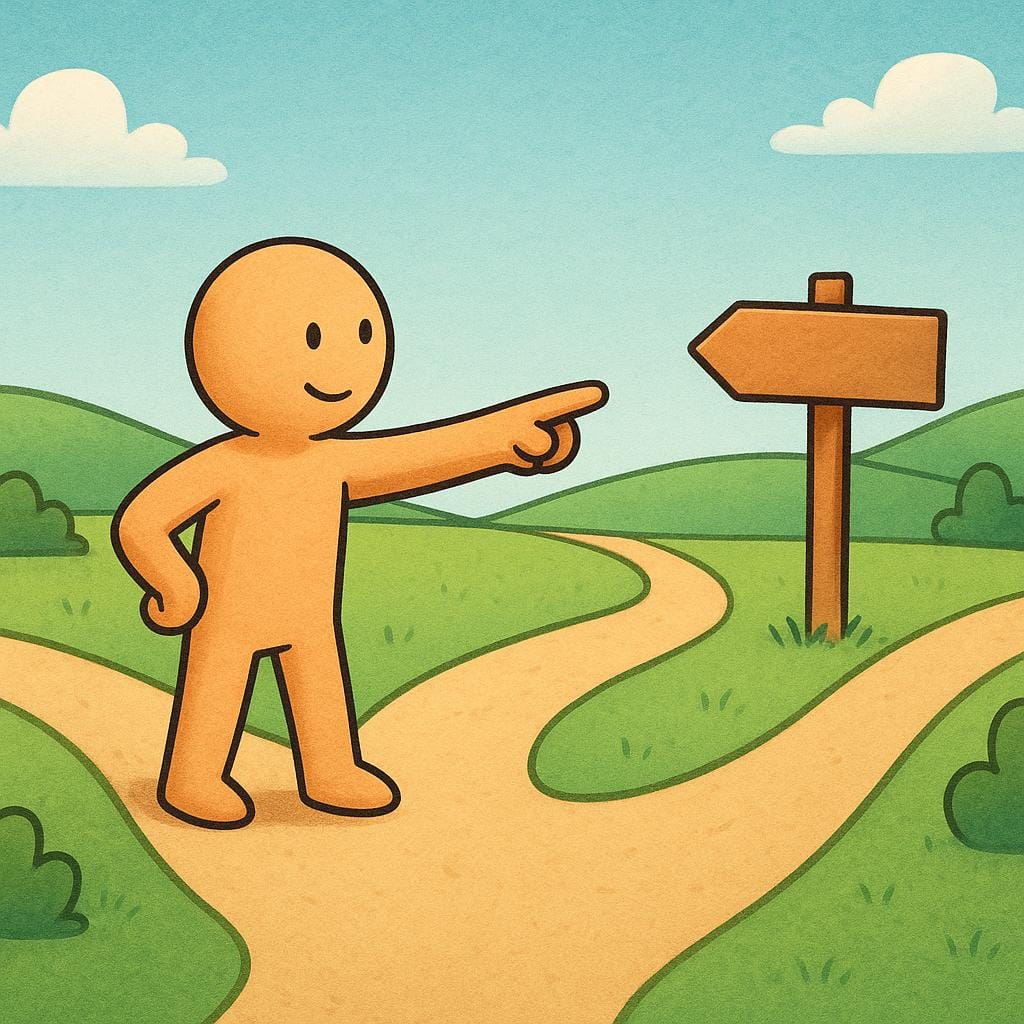 Une silhouette simplifiée se tenant à une intersection de deux chemins, pointant avec insistance sur un chemin spécifique, représentant un plan d'action ou une politique claire.