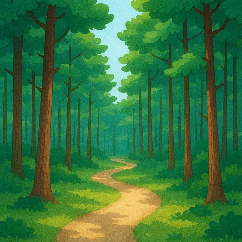 A dense forest scene showing many tall trees with sunlight filtering through the canopy onto a simple dirt path.