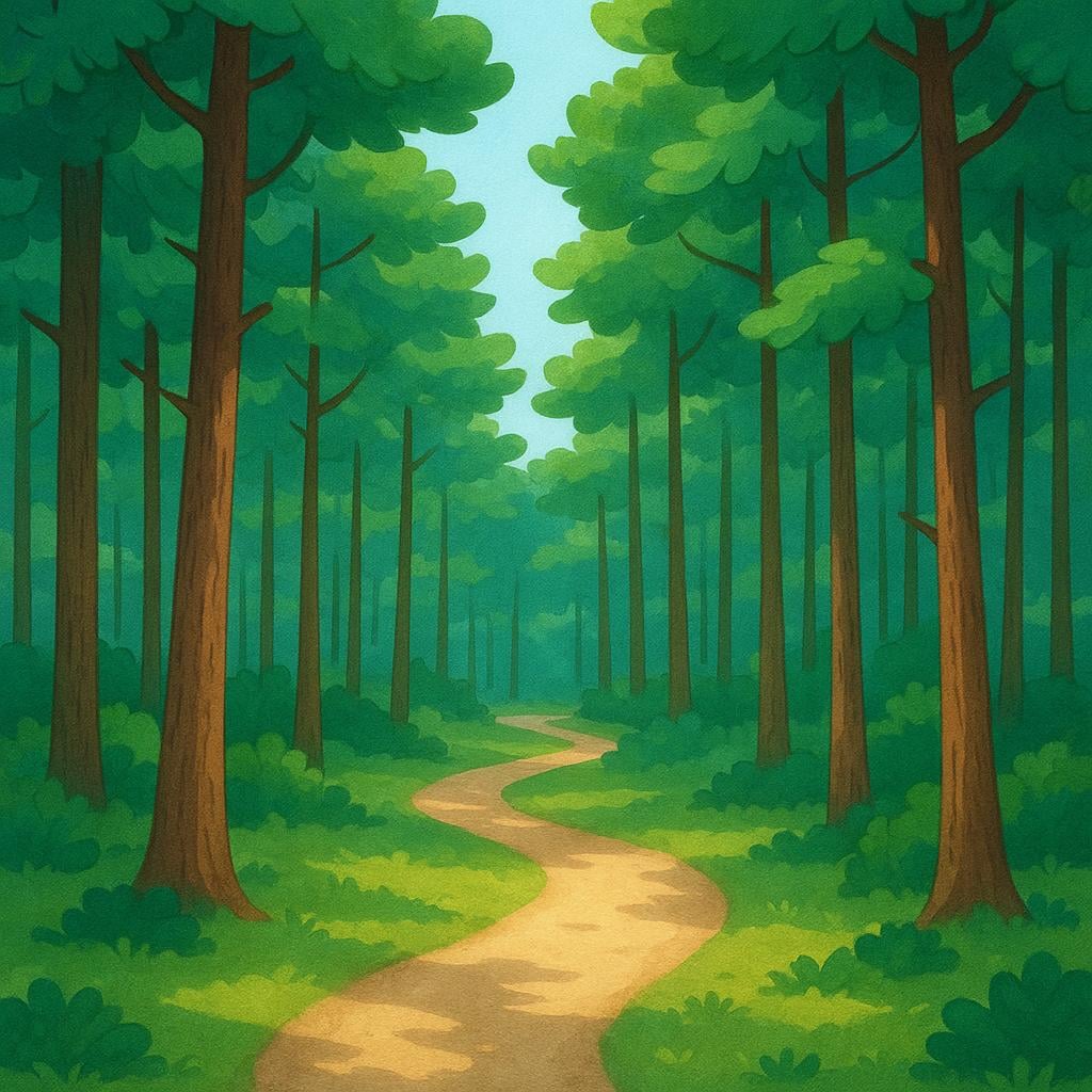 A dense forest scene showing many tall trees with sunlight filtering through the canopy onto a simple dirt path.