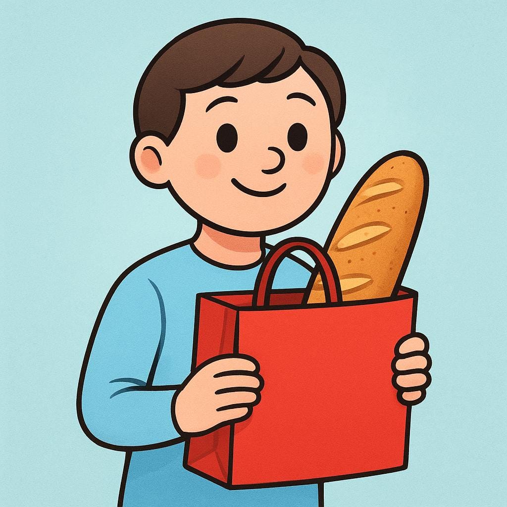 Une figure de dessin animé souriante tient un sac de courses rouge vif contenant une miche de pain, représentant un achat.