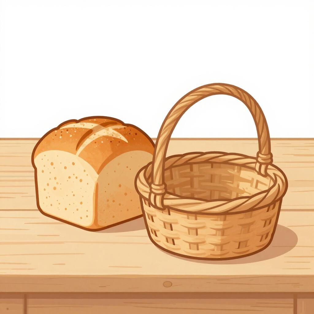 Une miche de pain rustique et un panier en osier tressé à la main posés sur une table en bois simple.