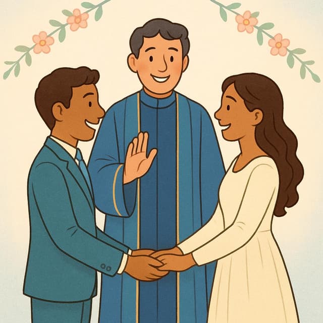 笑顔の司祭が、手を繋いでいる二人の人物の前で、正式なローブを着て立っており、結婚させる行為を象徴しています。