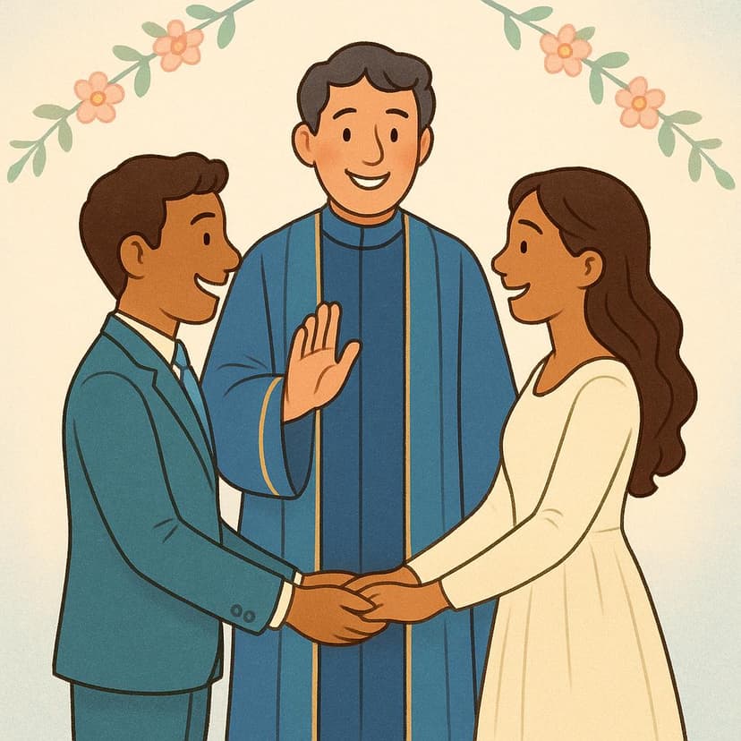 A smiling officiant wearing a formal robe standing in front of two figures who are holding hands, symbolizing the act of marrying them.