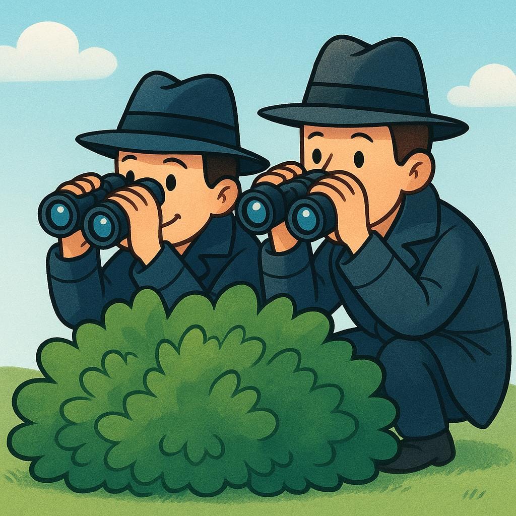 Zwei Figuren in dunklen Trenchcoats und Fedora-Hüten sind teilweise hinter einem großen grünen Busch versteckt und spähen mit Ferngläsern heraus.